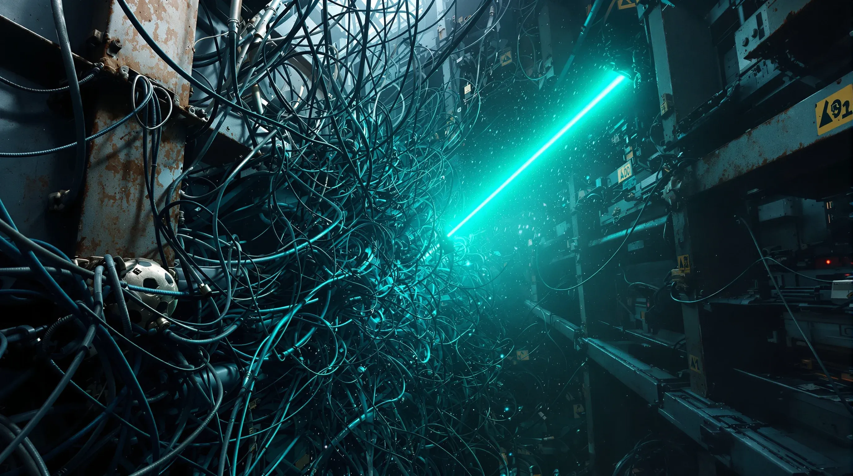 Extremely photorealistic, cinematic shot showing chaotic, rusty data wires (Dark Blue and gray) being instantly pulled into an ordered, crystalline Teal structure by a powerful light beam. Sharp Orange metallic highlights denote efficiency. Clear contrast between chaos and order.